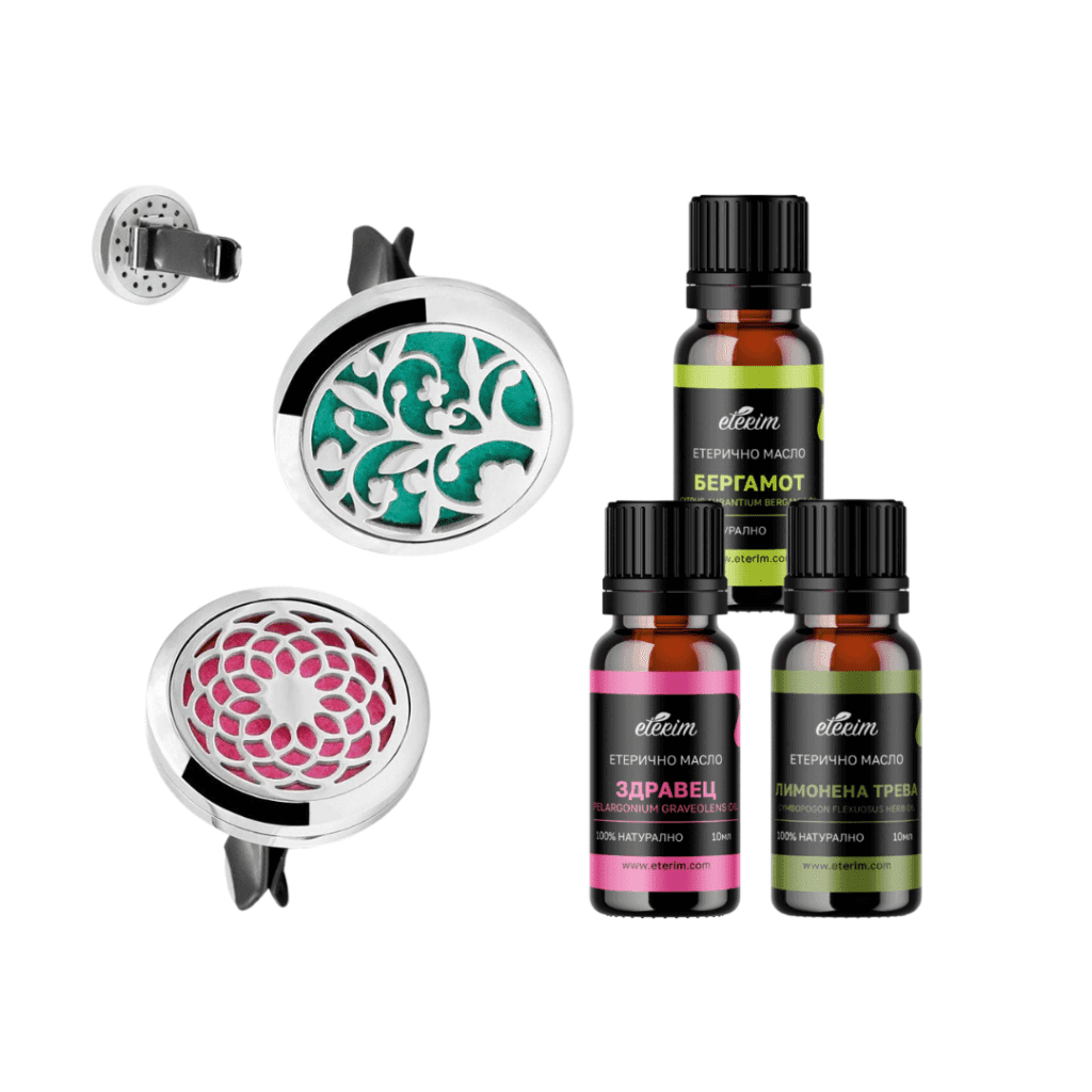 Ароматизатор за коли ЕТЕРИМ + 3 етерични масла (Лимонена трева, Здравец, Бергамот)