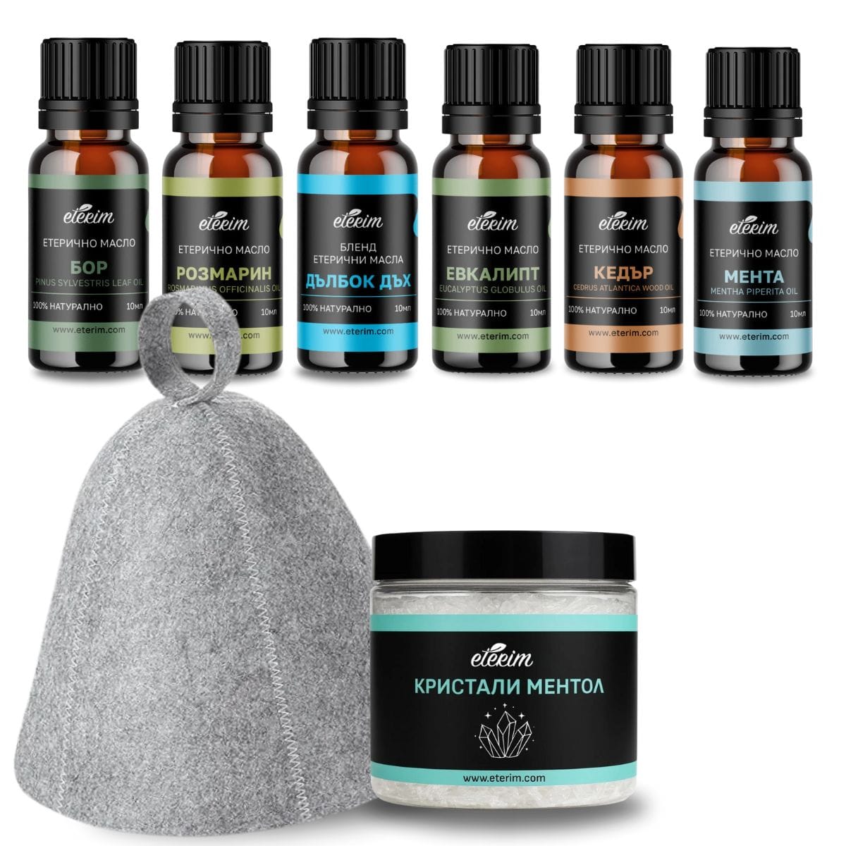 Paket_SAUNA_Eterim-zaglavna Комплект за СПА! Вълнена шапка, Ментолови кристали и 6 етерични масла за САУНА - Image 1