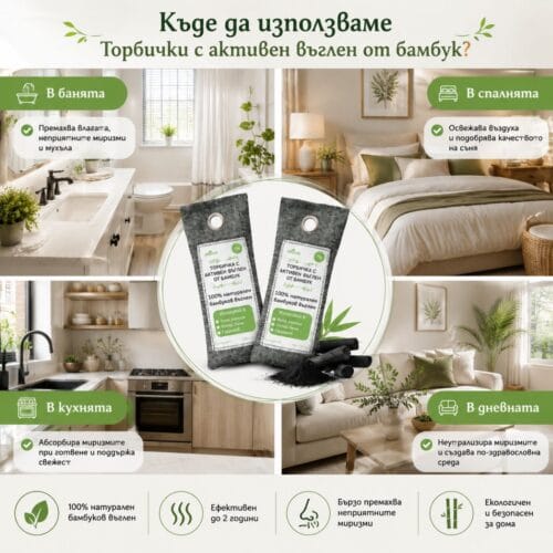 Комплект торбички с активен въглен от бамбук 75гр – 2 броя приложение